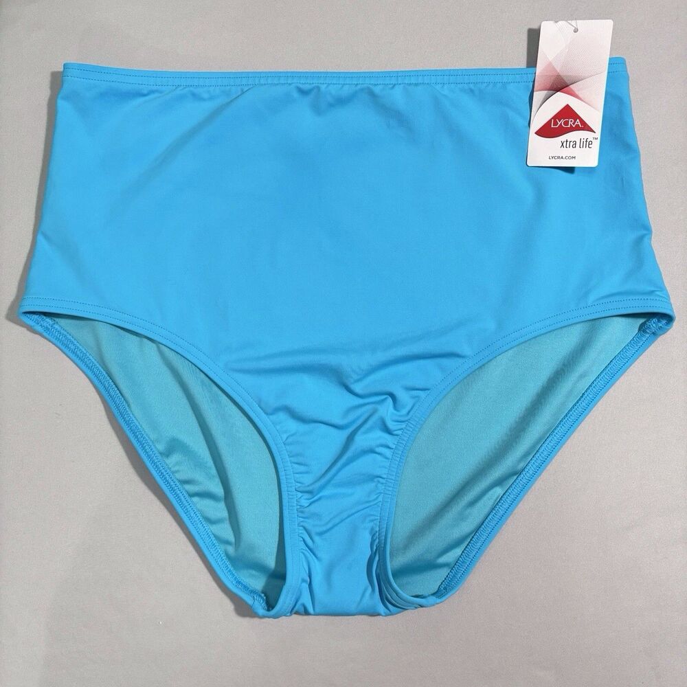NEW Lands End High Waisted Bikini Swim Bottoms Size 14 Turquoise Blue Briefs
